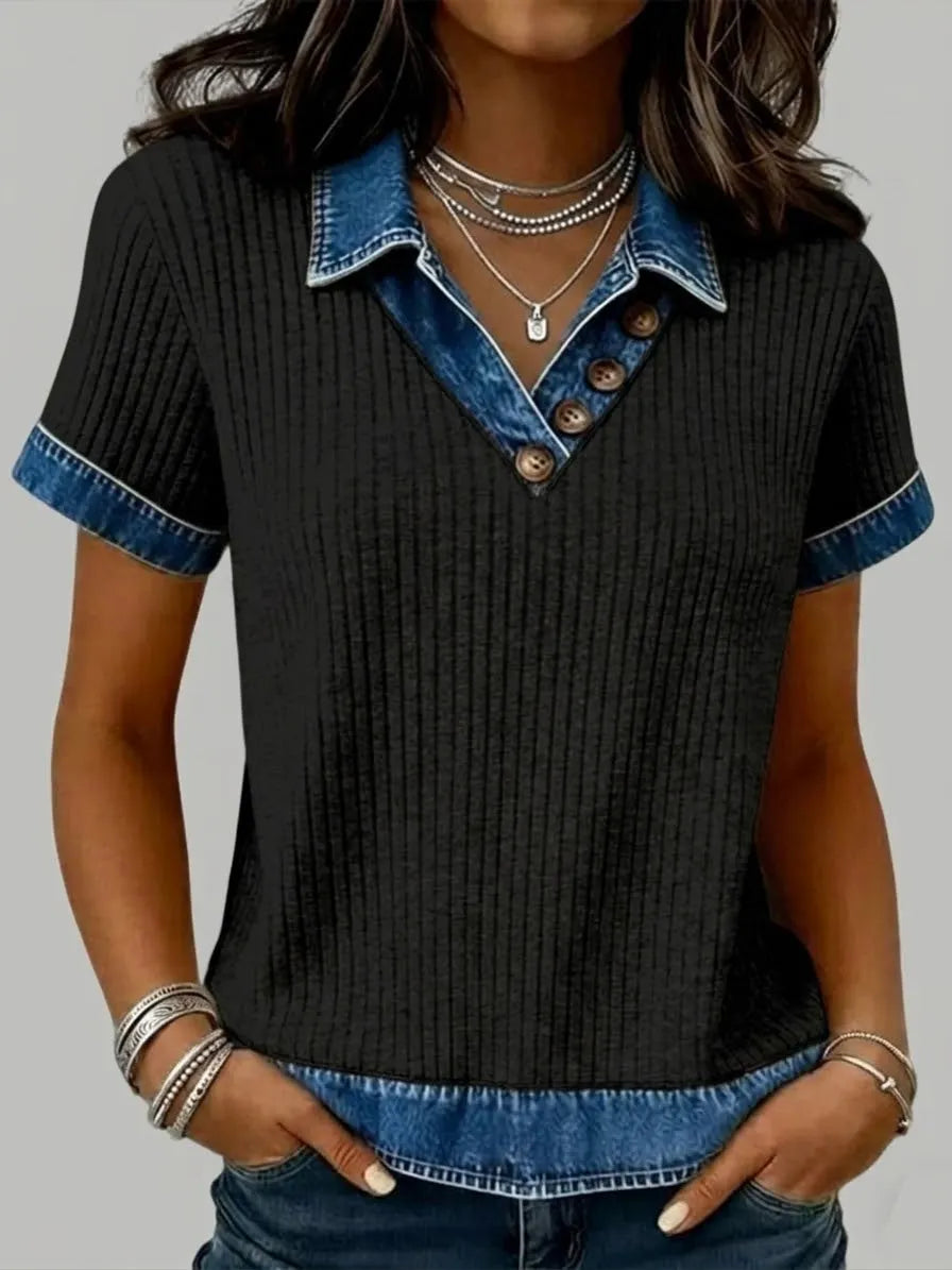 Casual Patchwork Denim Short-sleeved Knit Top