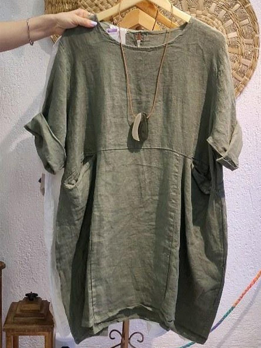 Women's Linen And Cotton Round-neck Dress