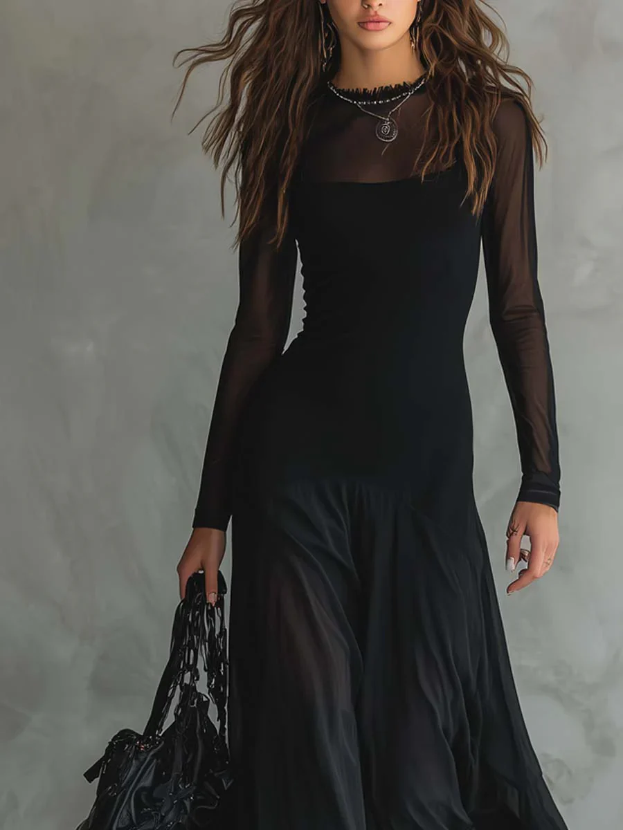 Elegant Mesh Sheer Multi-layered Stretch Maxi Dress