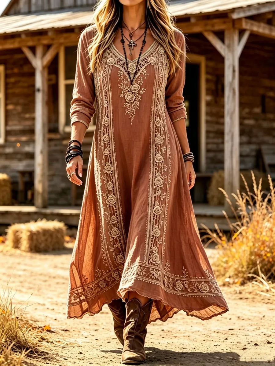 Women's Western Floral Art Casual Long Sleeve Maxi Dress