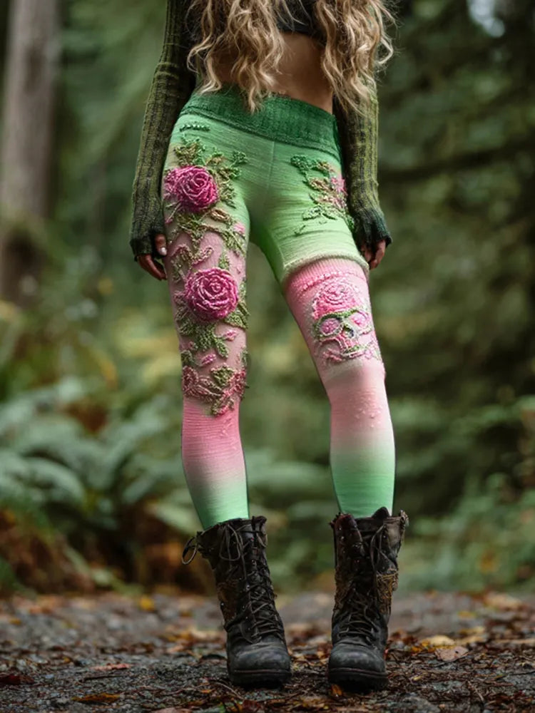 Women's Vintage Skull And Rose Patchwork Comfortable Leggings