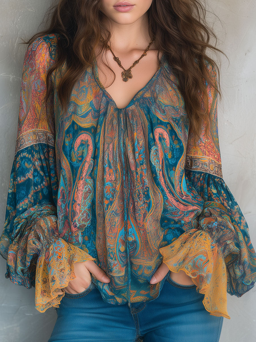 Bohemian Teal & Amber Paisley Chiffon Blouse With Ruffled Cuffs