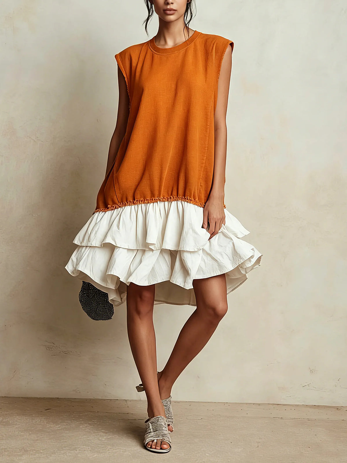 Contrast Raw Edge Tiered Ruffle Hem Sleeveless Mini Dress | Color Block Casual Loose Fit Vacation Dress