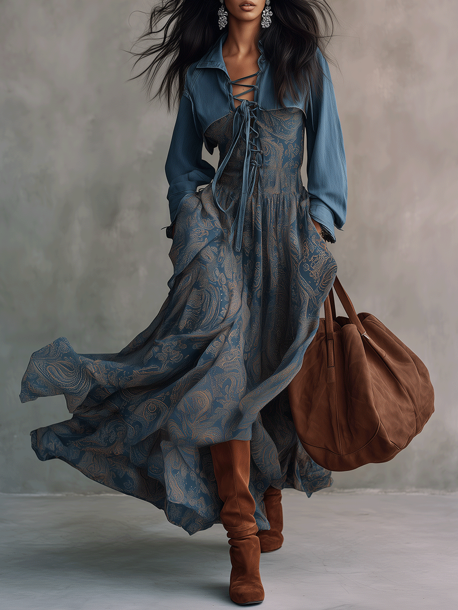 Effortless Chic Chambray Cropped Shirt & Paisley-Print Tiered Maxi Dress Set