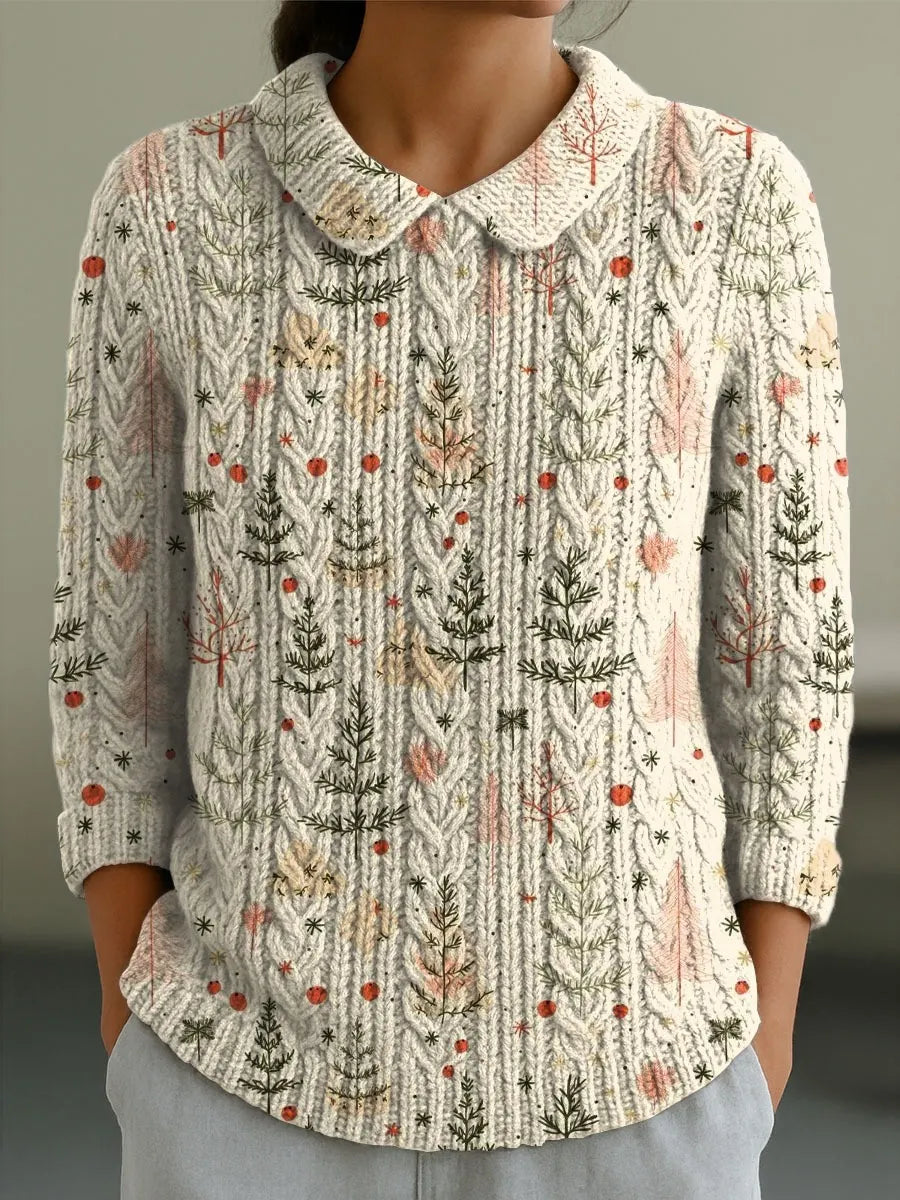 Women's Christmas Tree Art Print Buttoned Cardigan Sweater