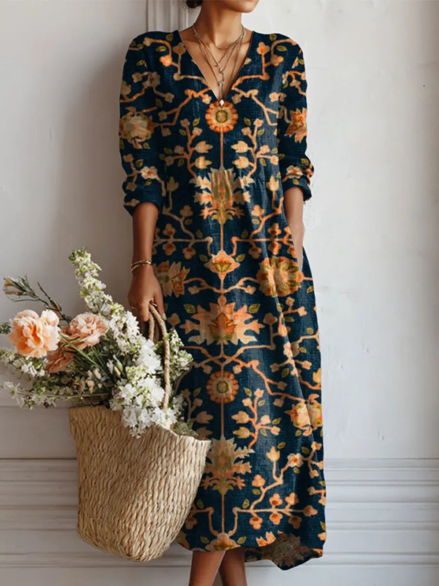 Women's Vintage Flower Art Print Linen Pocket Dress
