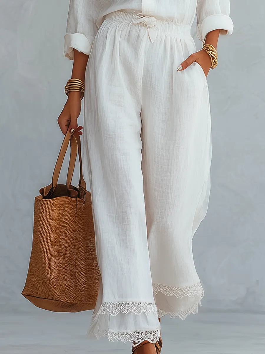 Elegant Shirt & Lace-Trim Wide-Leg Pant Set