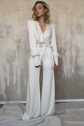 Cocoslly Simple Solid Ivory V Neck Long Sleeves High Waist Long Wide-legged jumpsuit