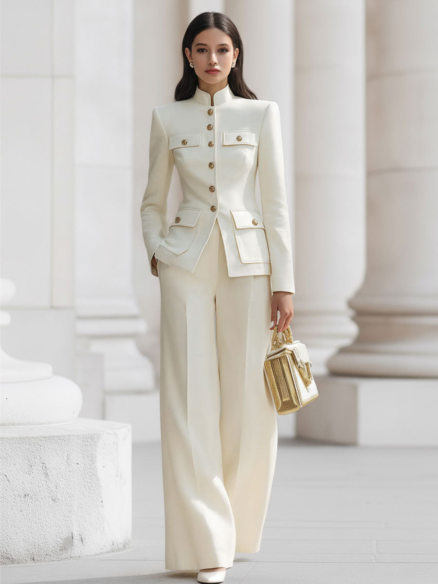Elegant Cream Military-Inspired Tailored Suit Set With Gold Accents