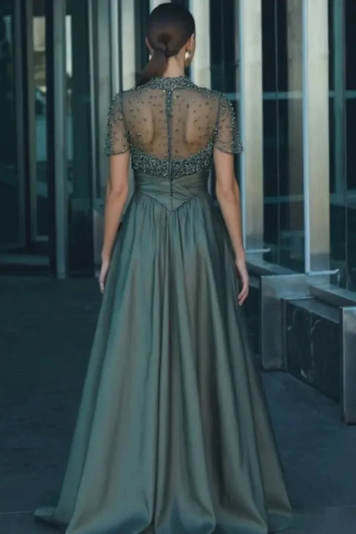 Tulle And Satin High-Neck Short Sleeves Long A-Line Pleated Prom Dress With Pockets And Beadings YK0542
