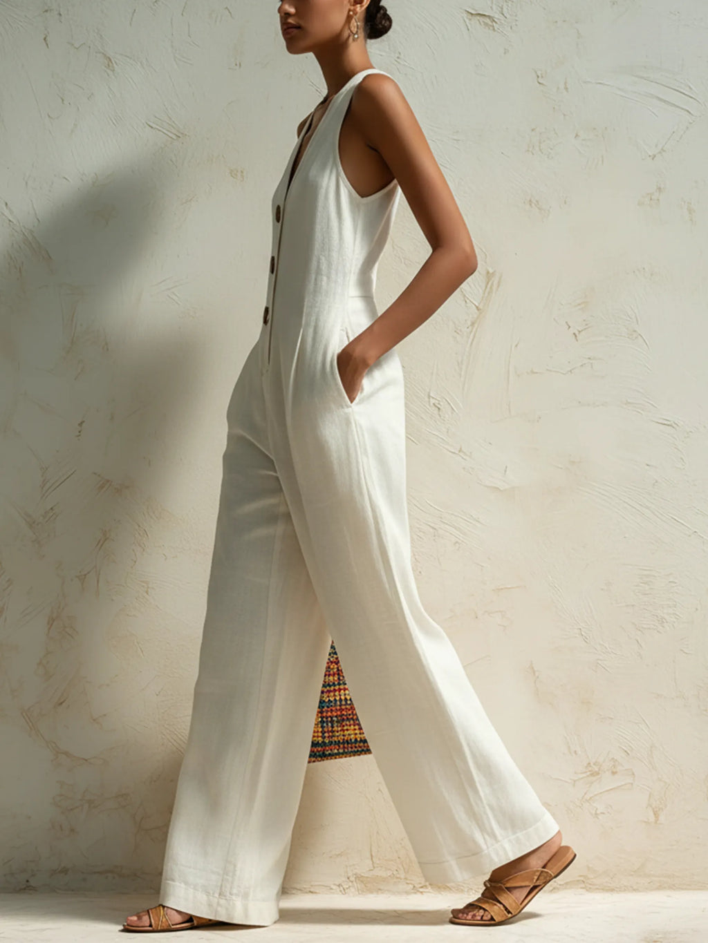White Linen-Blend Halter Neck Button-Front Wide-Leg Jumpsuit