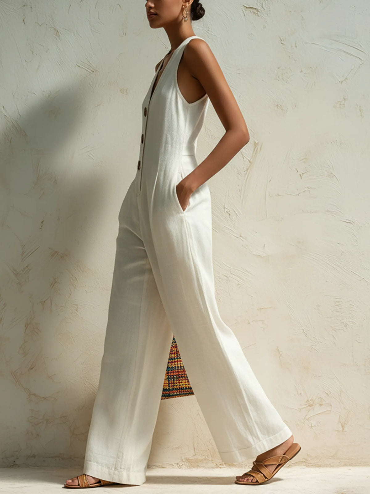 White Linen-Blend Halter Neck Button-Front Wide-Leg Jumpsuit