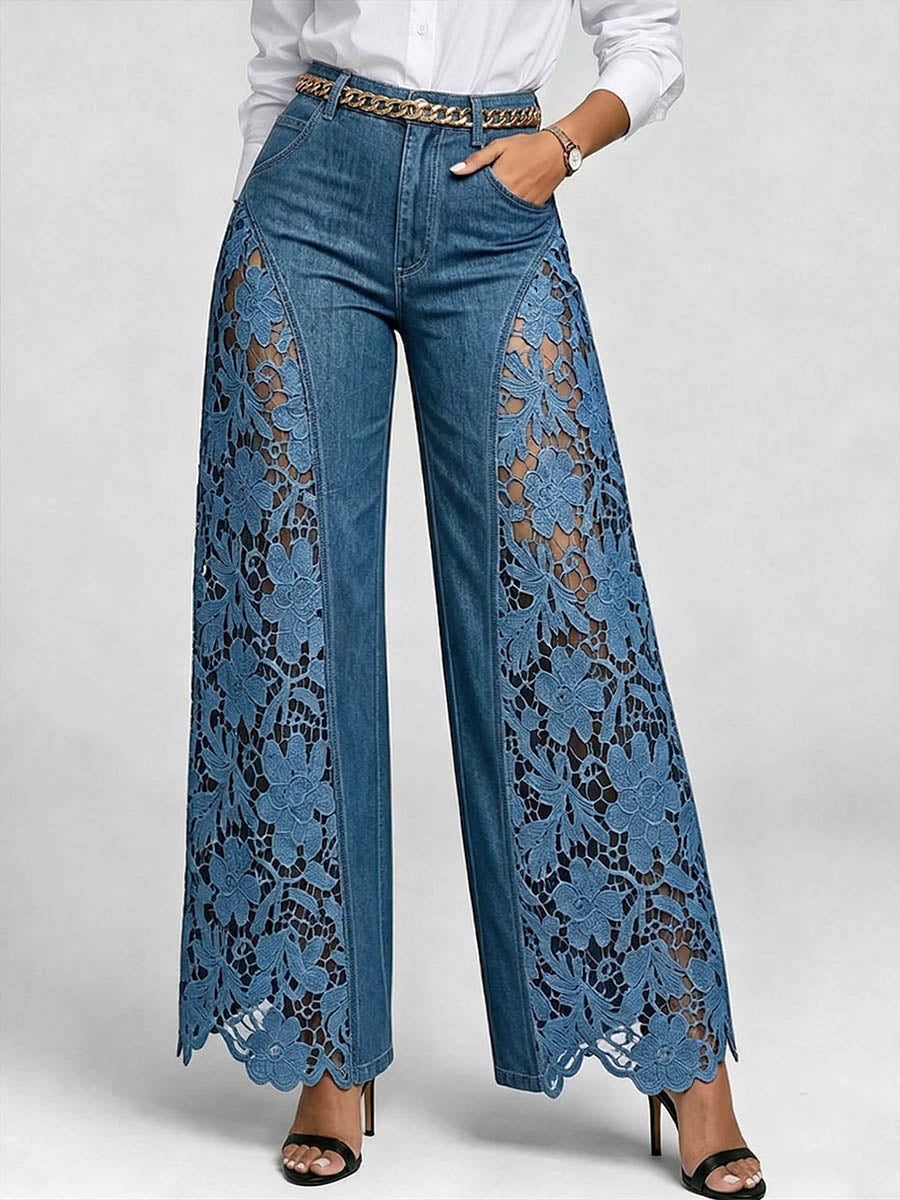 Women's High-waisted Loose-fit Embroidered & Paneled Wide-leg Jeans