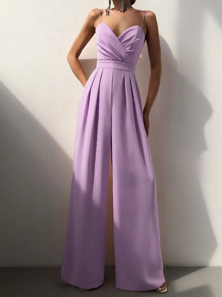 Cocoslly Chic Lilac Sweetheart Spaghetti Strap Sleeveless Pleated Long Wid-Leg Jumpsuit