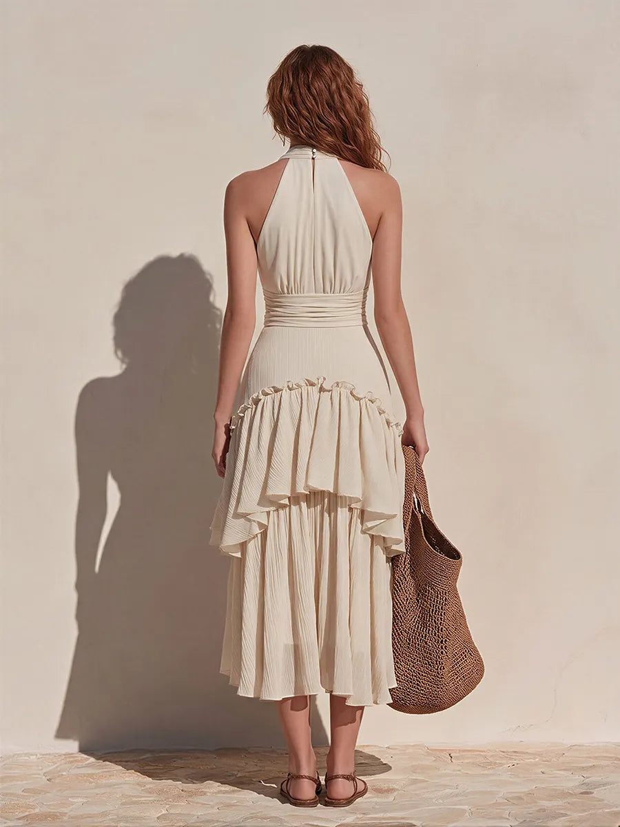 Romantic Bohemian V-Neck Sleeveless Ruffled Textured Chiffon Midi Dress