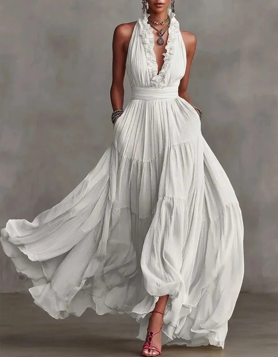 Ruffle Halter Pleated Flowy Maxi Dress