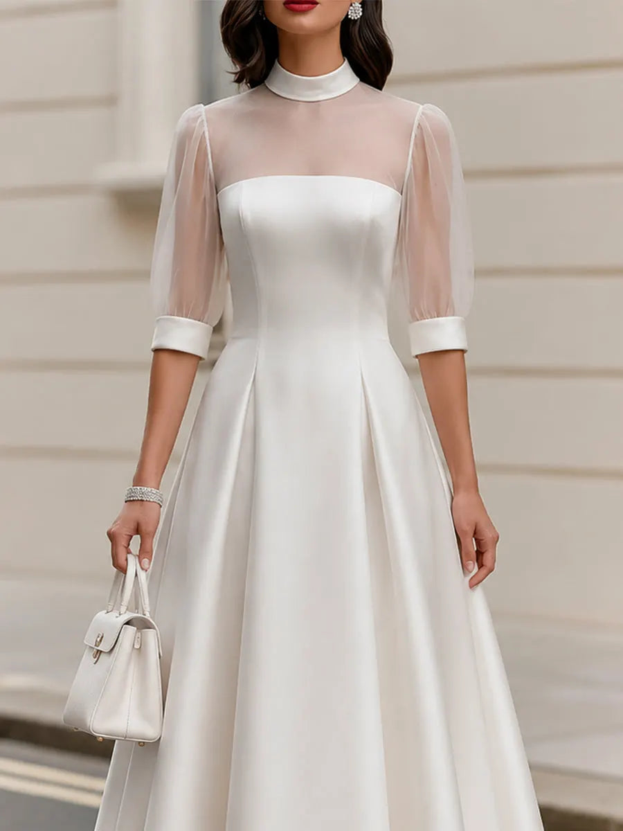 Sheer Mesh Puff 3/4 Sleeve Satin Midi A-Line Wedding Guest Dress