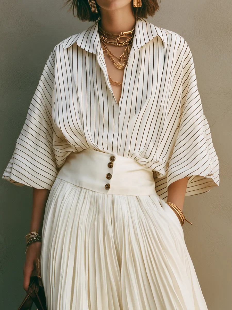 Elegant Ivory Striped Pleated Skirt Set