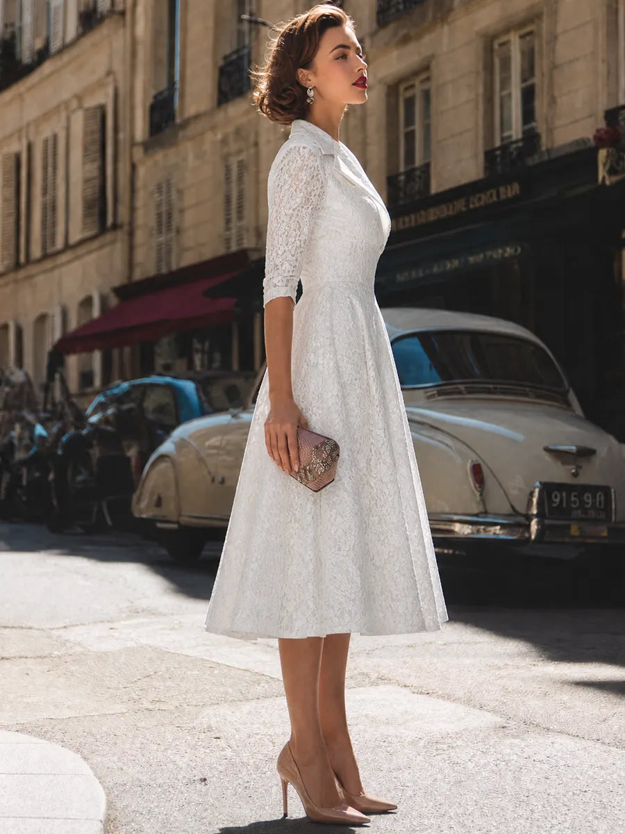 Vintage Lace Notch Collar Fit-and-Flare Midi Dress
