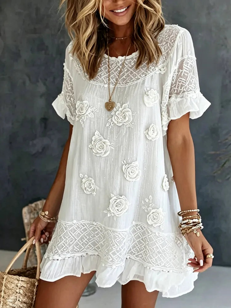Women's White Rose Art Embroidered Linen Blend Round Neck Mini Dress