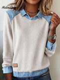 Women'S Casual Lapel Denim Stitching Pullover Sweatshirt
