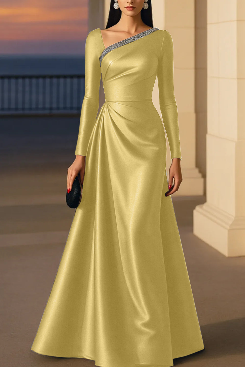 Evening Formal Burgundy Dress Asymmetrical Neck Long Sleeve Maxi Gown