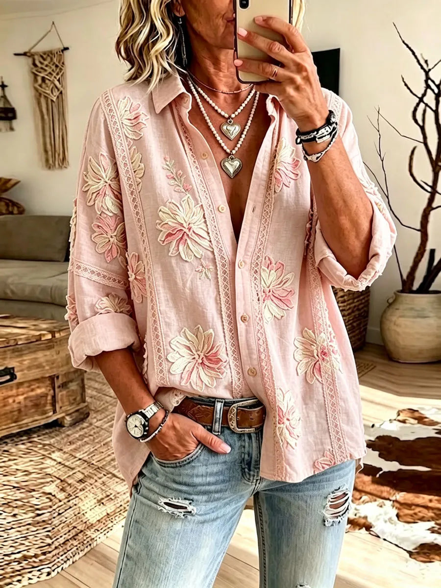 Women'S Cotton Linen Flower Casual Long Sleeve Shirt
