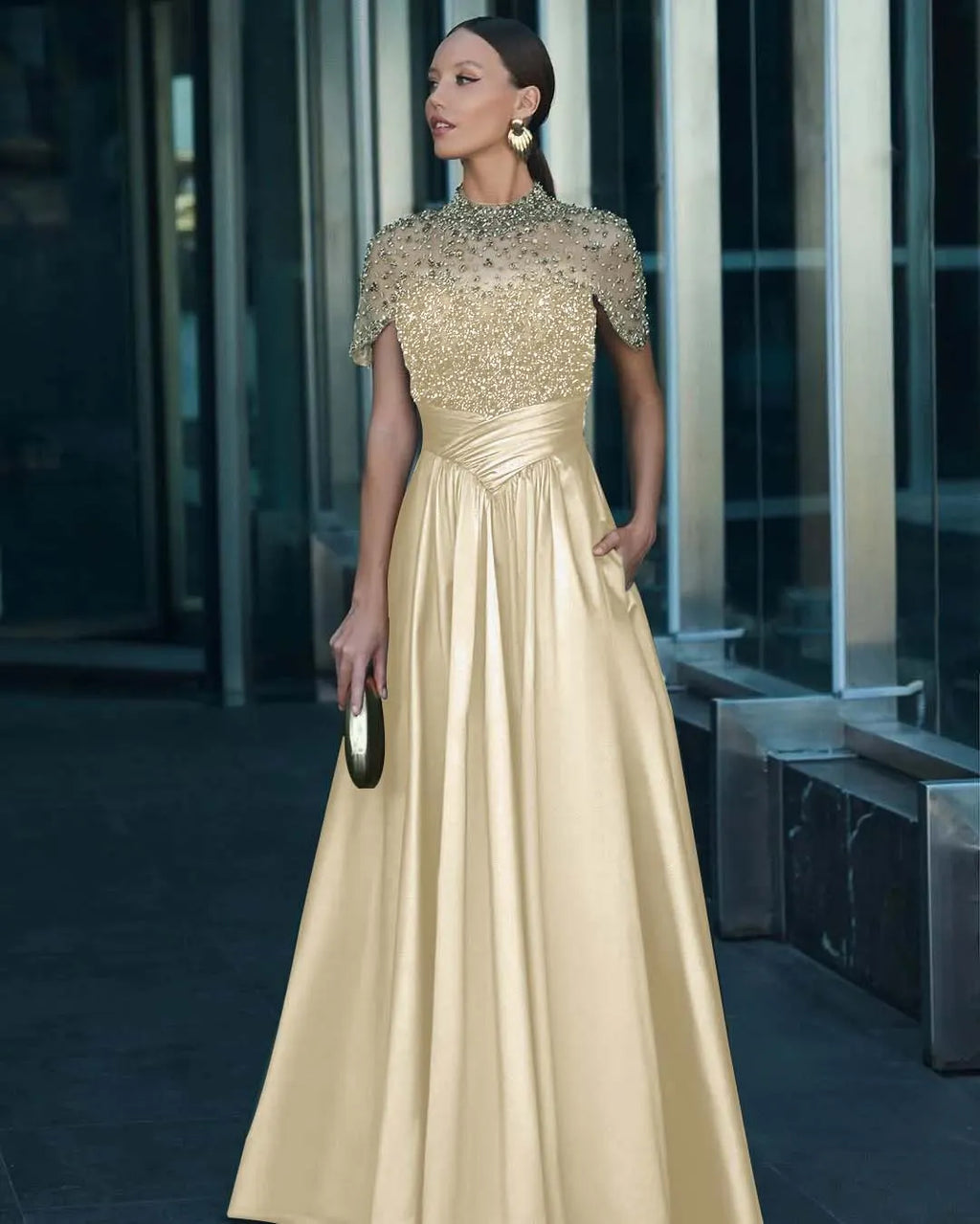 Tulle And Satin High-Neck Short Sleeves Long A-Line Pleated Prom Dress With Pockets And Beadings YK0542