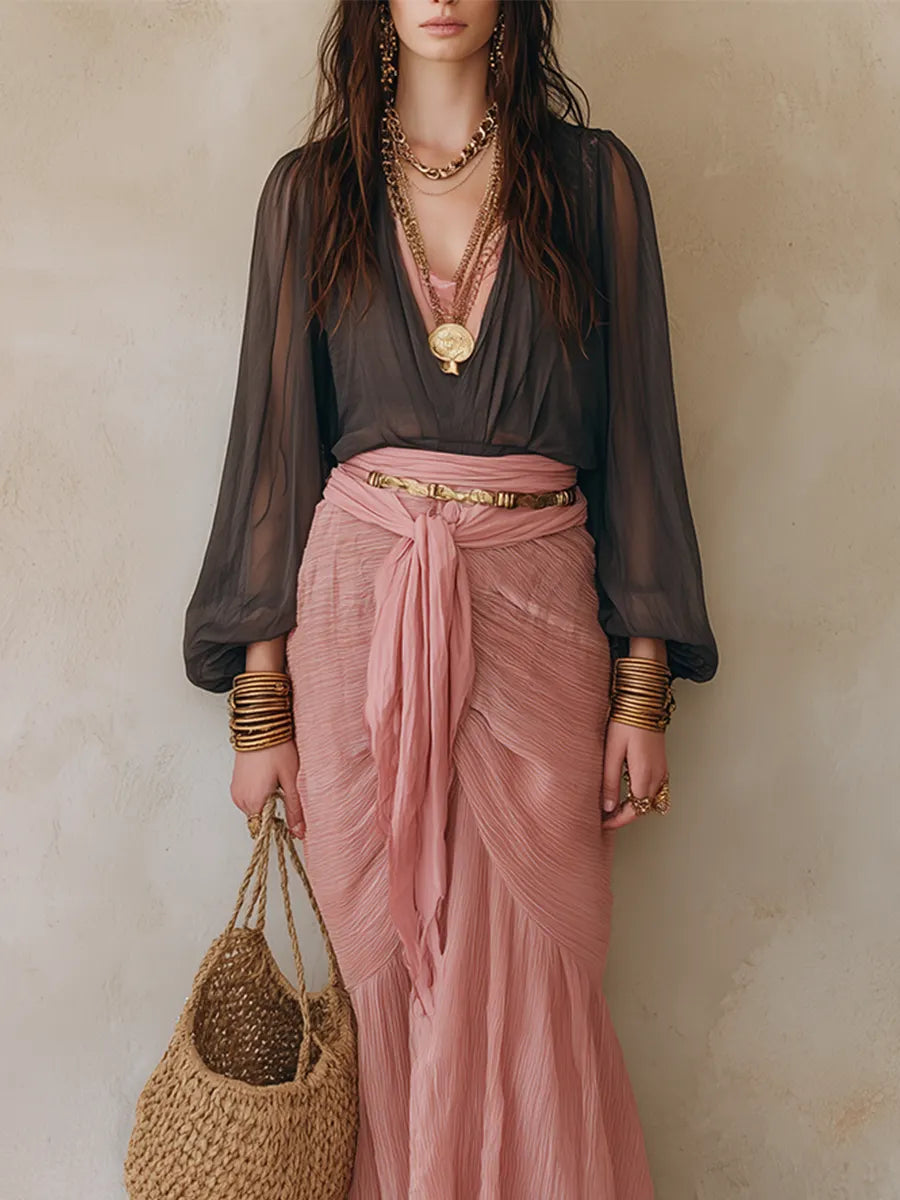 Boho Luxe Ensemble With Deep V Sheer Top & Flowing Pink Skirt ¨C Feminine Resort Style Maxi Skirt