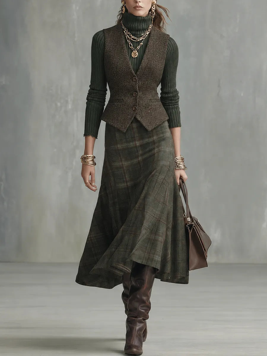 Plaid Midi Skirt & Knit Turtleneck Sweater Vest Two-Piece Set