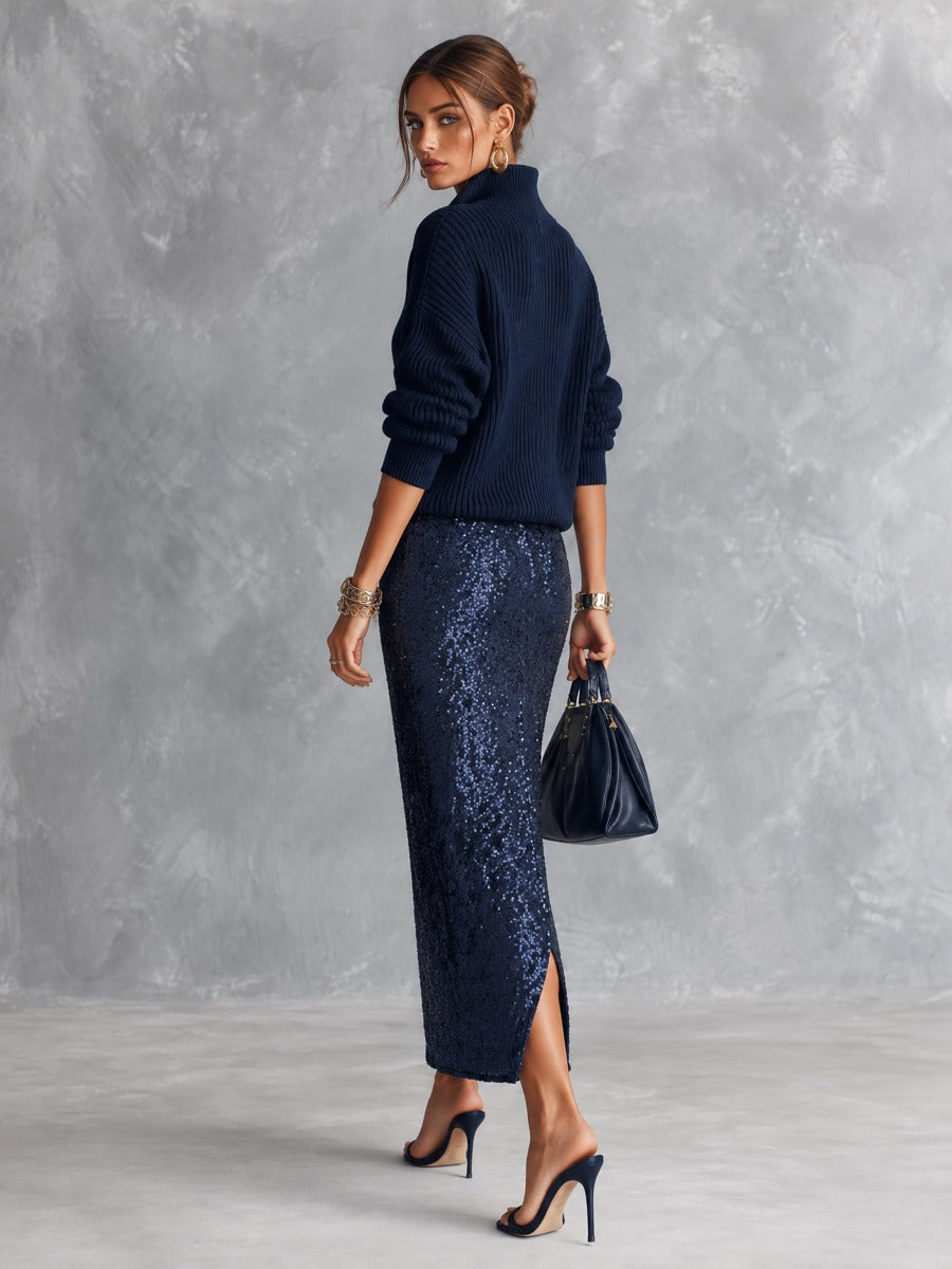 Ribbed Half-Button Sweater & Sequined Midi Skirt Two-Piece Set