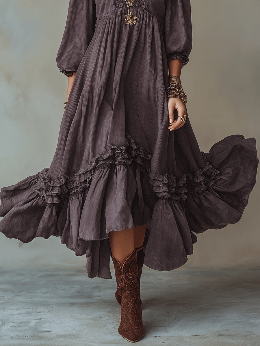 Flowy Vintage Boho Soft Ruffle Hem Tiered Maxi Dress