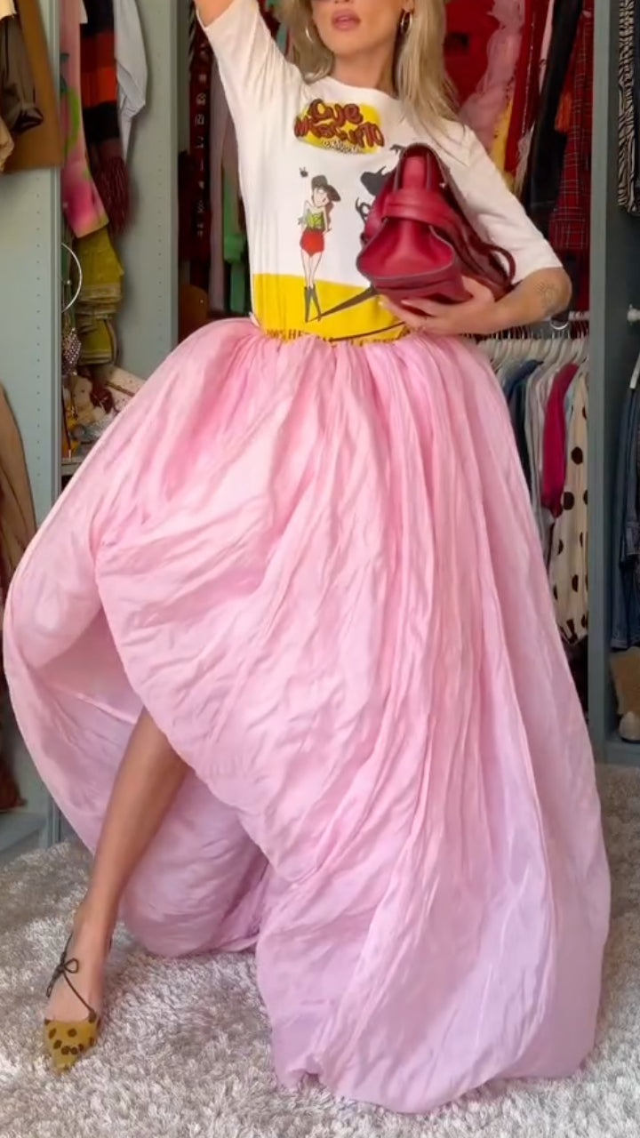 Pink Crinkled Satin High Waist Maxi Skirt