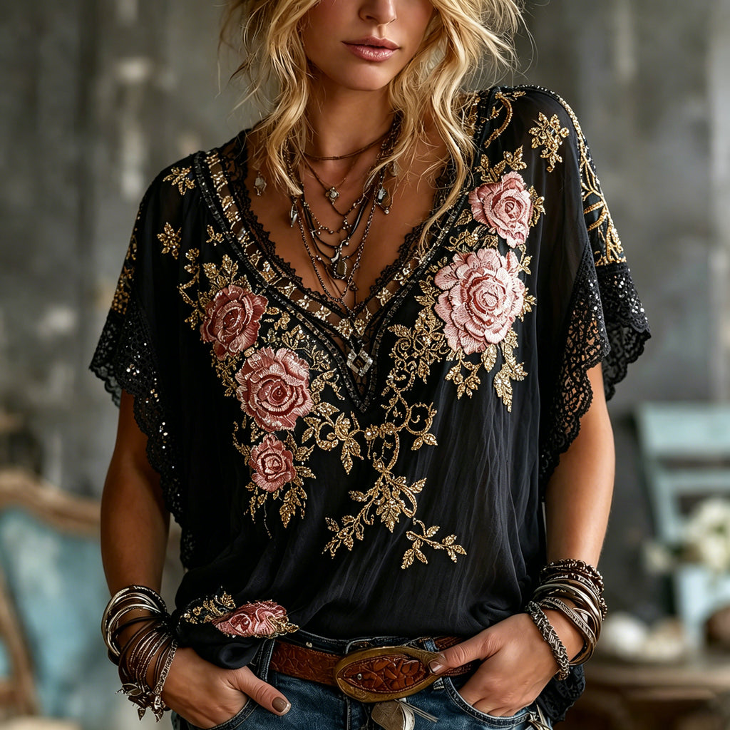 Women's Summer Spring Floral Embroidered Art Print Flowy Linen Blend V Neck Short Sleeve Tops
