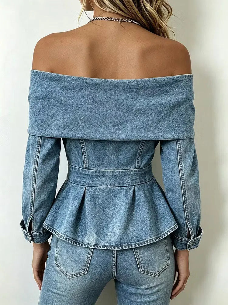 Chic Off-shoulder Denim Peplum Top