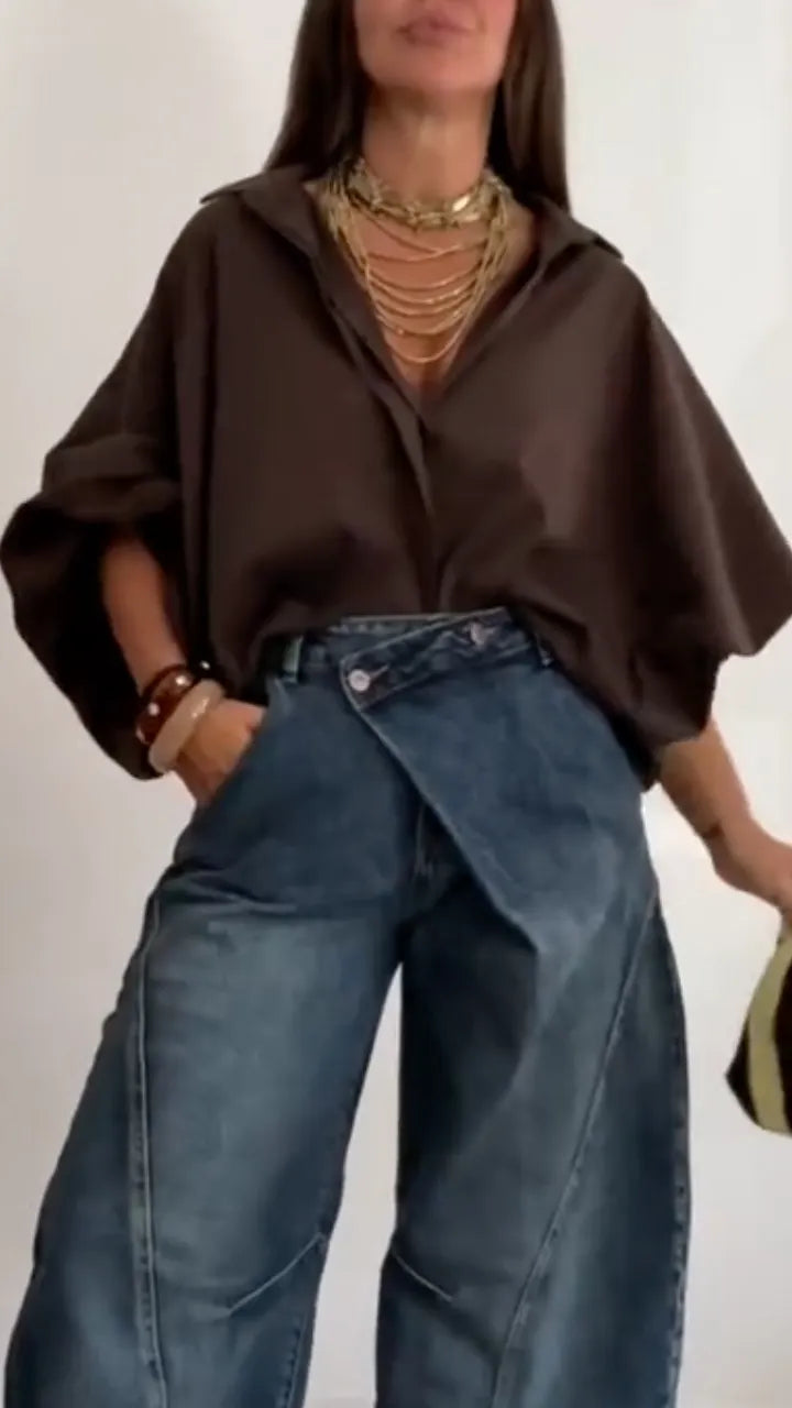 Asymmetrical Wrap Waist Baggy Wide‐Leg J+ Top Seteans