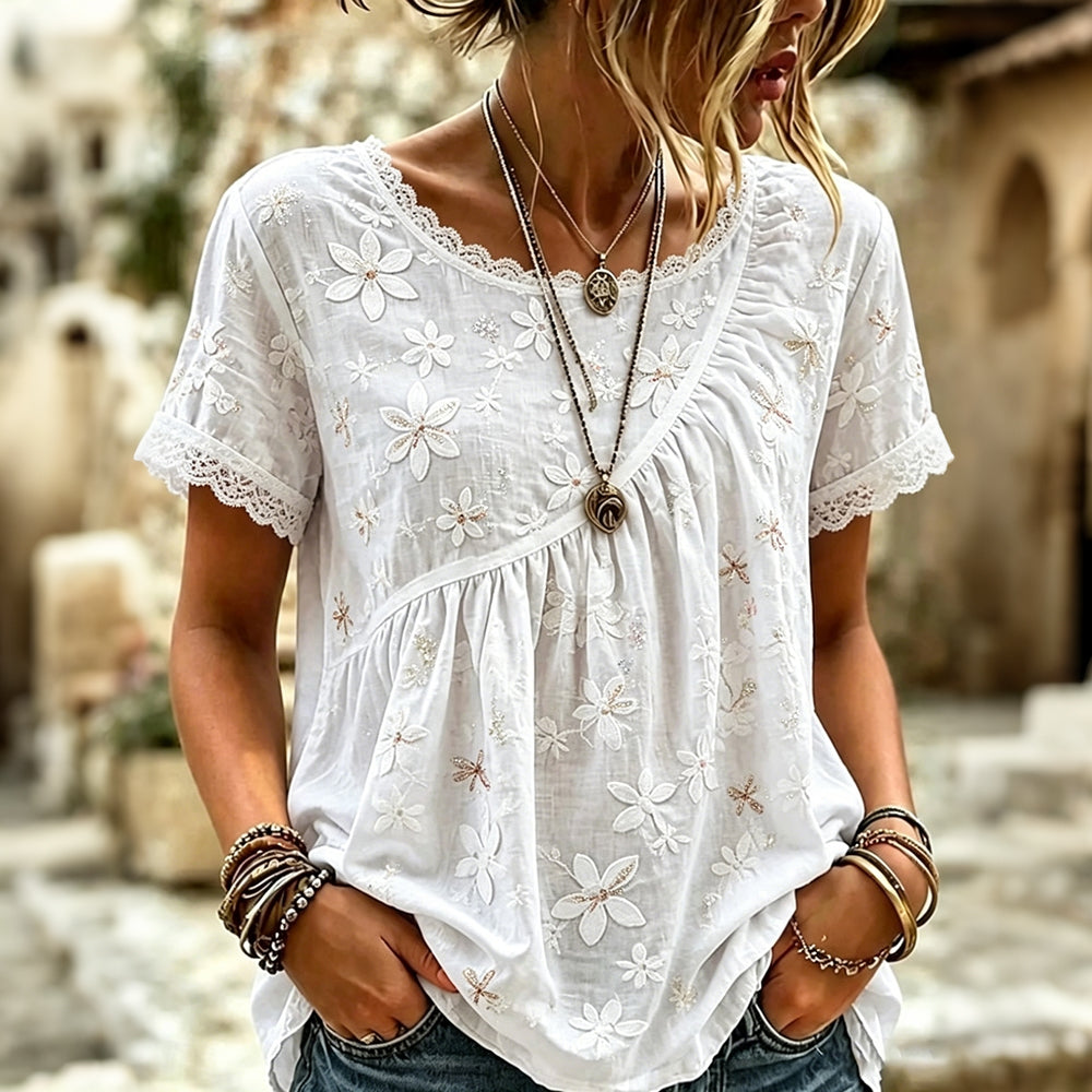 Women's Retro Vacation Floral Dragonfly Lace Round Neck Short Sleeve Linen T-shirt