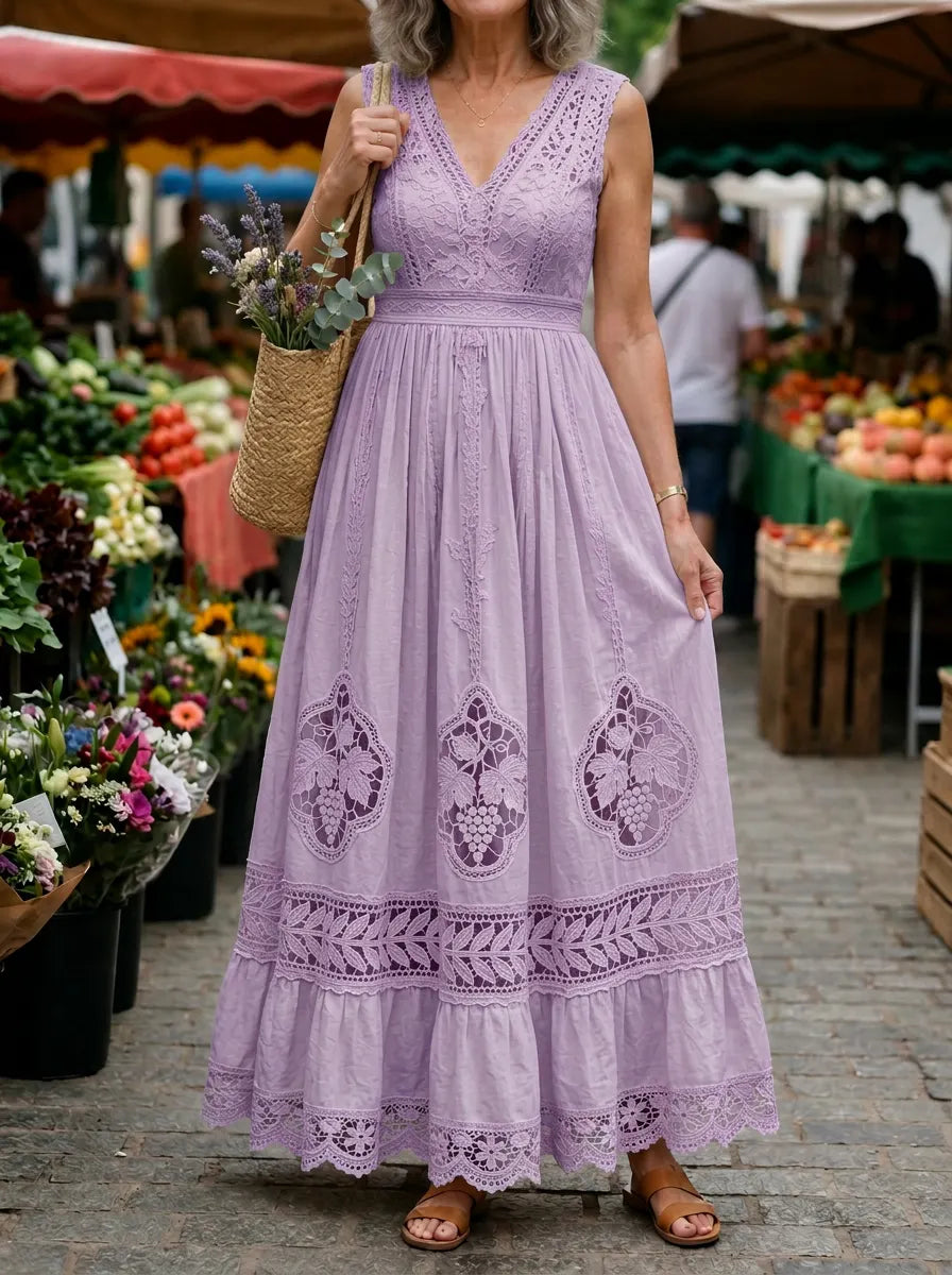 Women's Bohemian Floral Lace Cotton Linen Maxi Dress