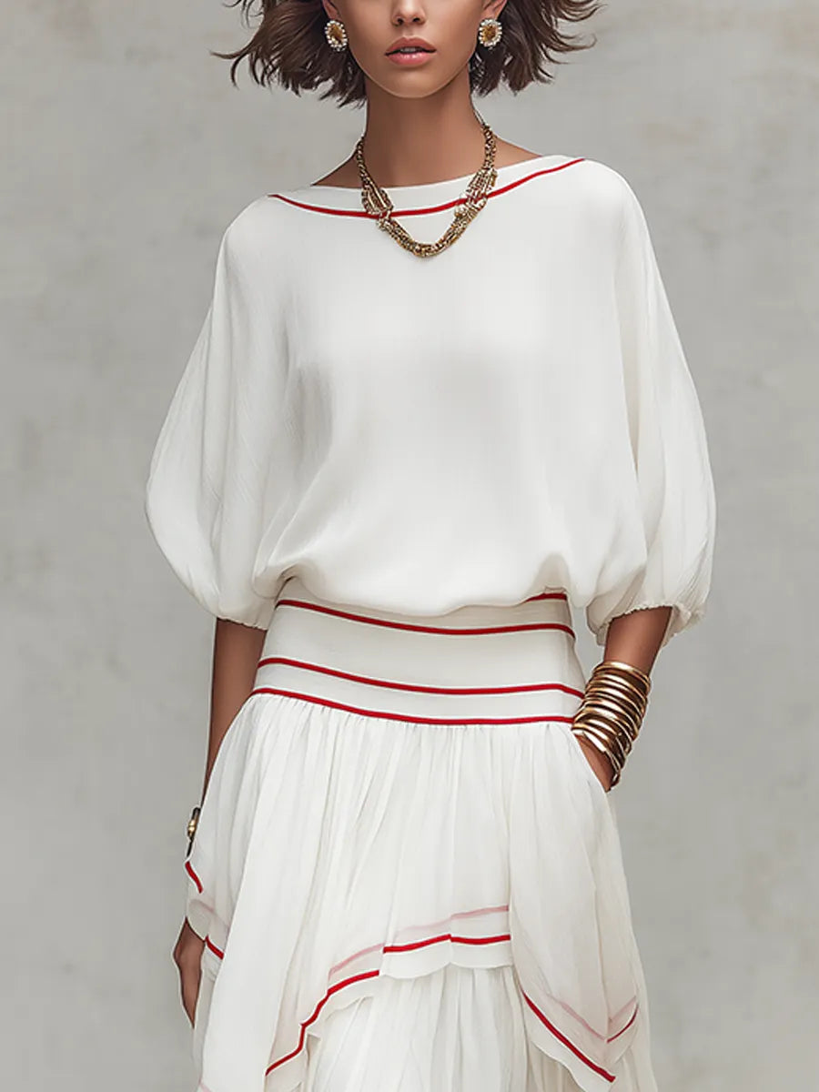 Bohemian Red Trimmed Ruffled Skirt Suit