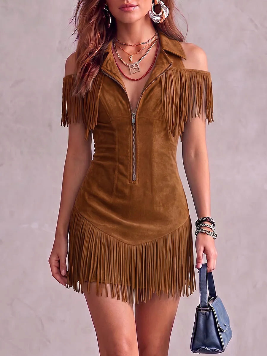 Women's Solid Color Collar Hollow-out Short Sleeve Casual Loose Tassel Dress