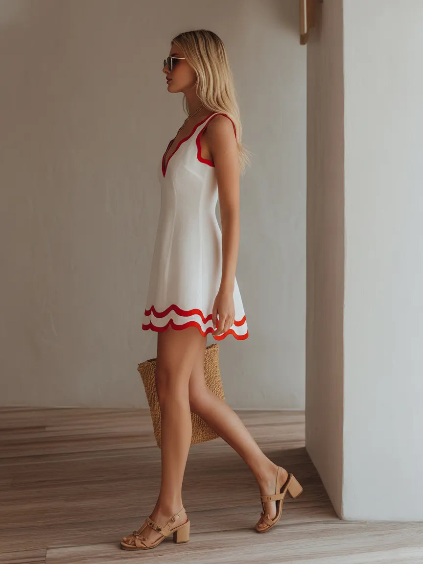 Island Vacation White And Red Scallop Trim Linen-Blend Mini Dress