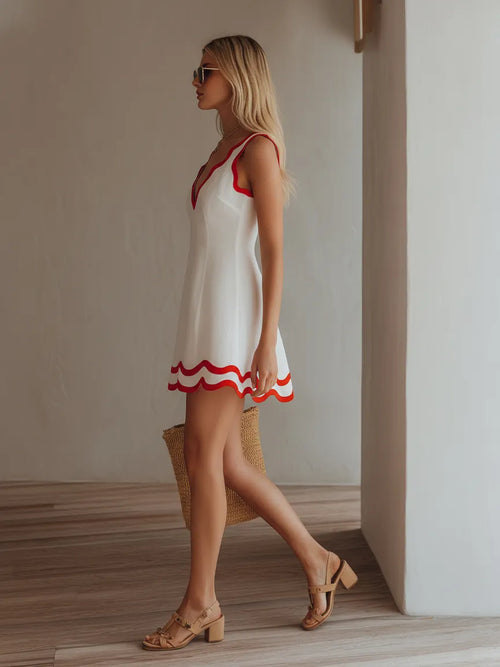 Island Vacation White And Red Scallop Trim Linen-Blend Mini Dress