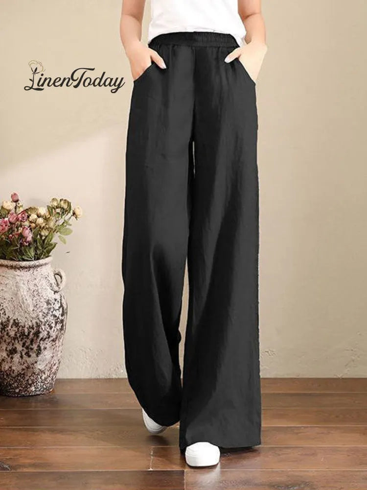 Women's Solid Color Loose Elegant Casual Simple Cotton And Linen Pants