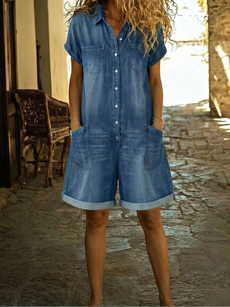 Women's Casual Cotton Denim Jumpsuit Shorts