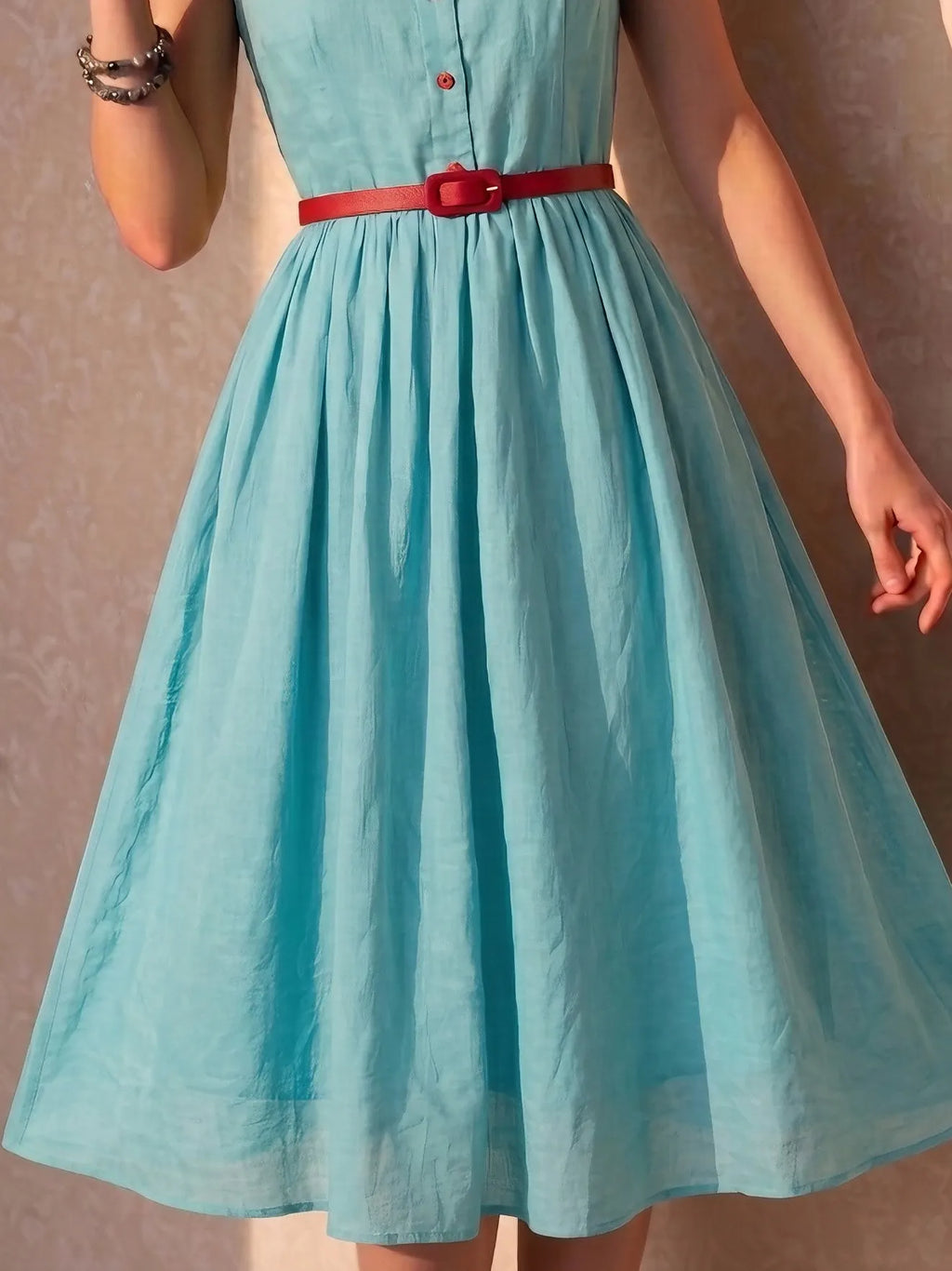 Midi Cotton Dress, Sleeveless, Boat Neck, Button Design, Vintage, Blue