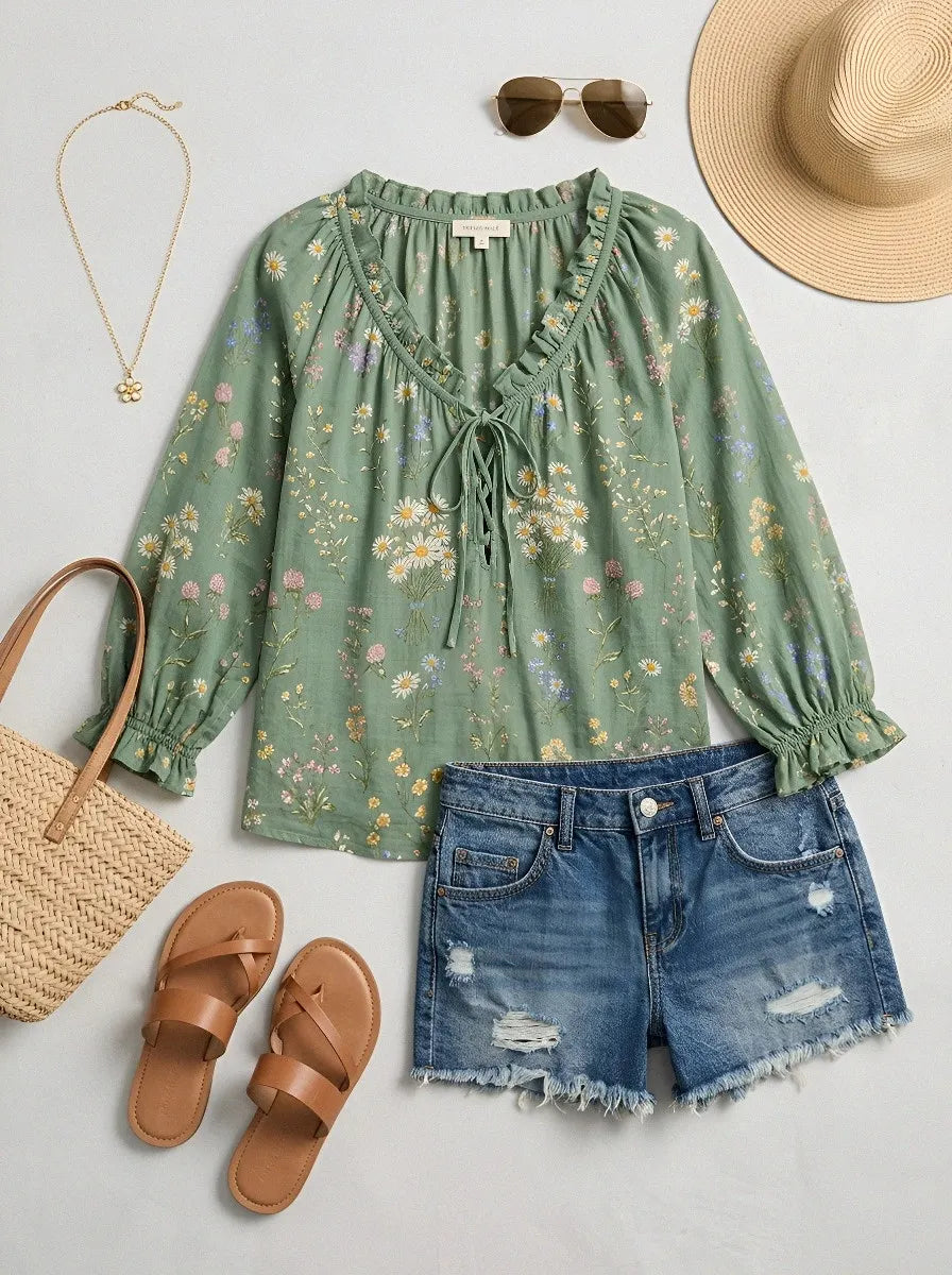 Women's Boho Floral Daisy Meadow Printed Cotton Short Sleeve Top