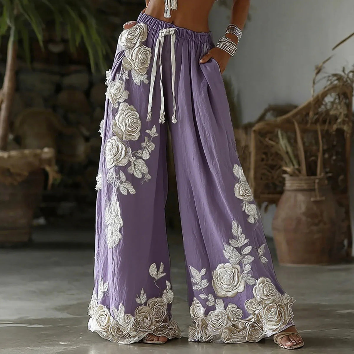Women's Retro Floral Embroidery Art Casual Linen Pants