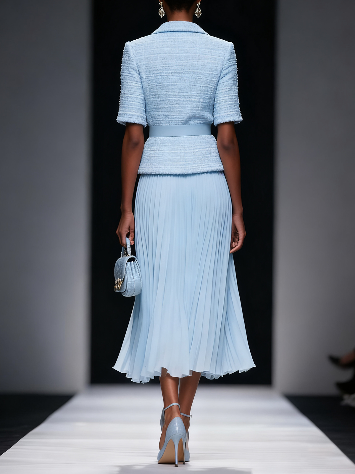 Women Light Blue Tweed Pleated Buckle Lapel Collar Short Sleeve Dressy Top With Skirt Two-Piece Set