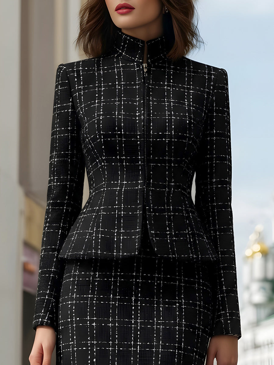 Plaid Peplum Jacket And Pencil Skirt Set
