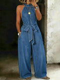 Women's Print Casual 100% Cotton Denim High Collar Wide Leg Jumpsuit